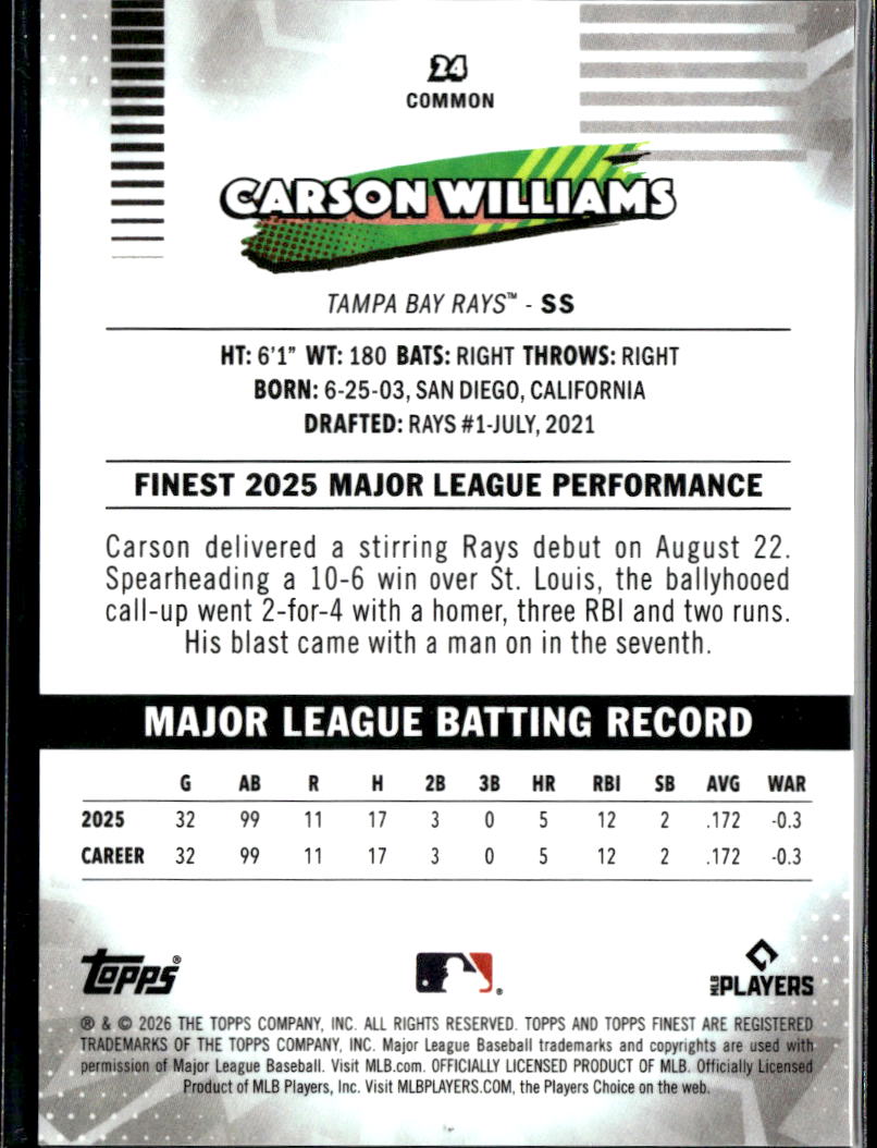Carson Williams 2026 Topps Finest GOLD Refractor RC 44/50 Tampa Bay Rays
