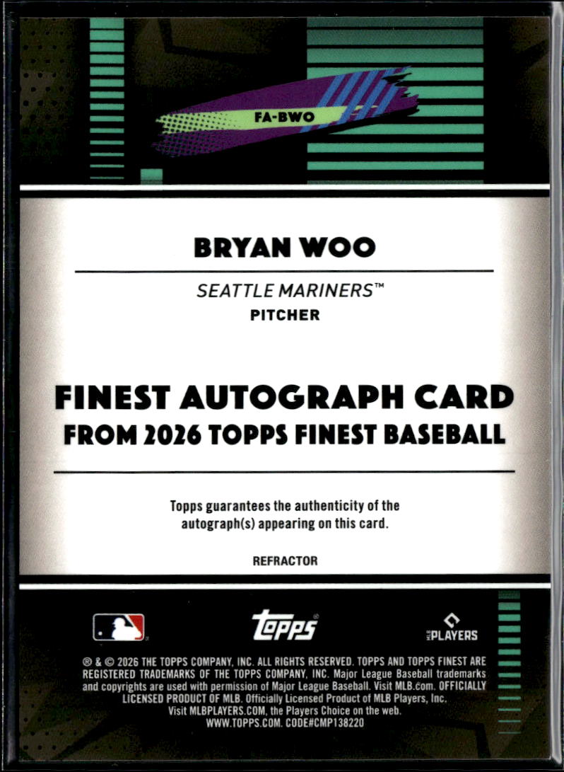 Bryan Woo 2026 Topps Finest Auto Autograph Refractor Seattle Mariners