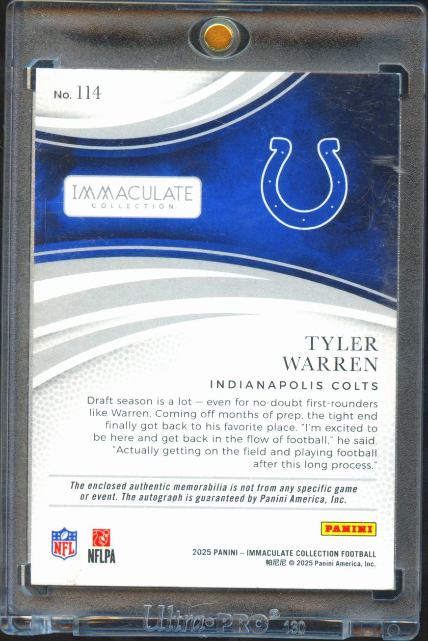 Tyler Warren 2025 Immaculate Auto Autograph Patch RC 16/25 Indianapolis Colts