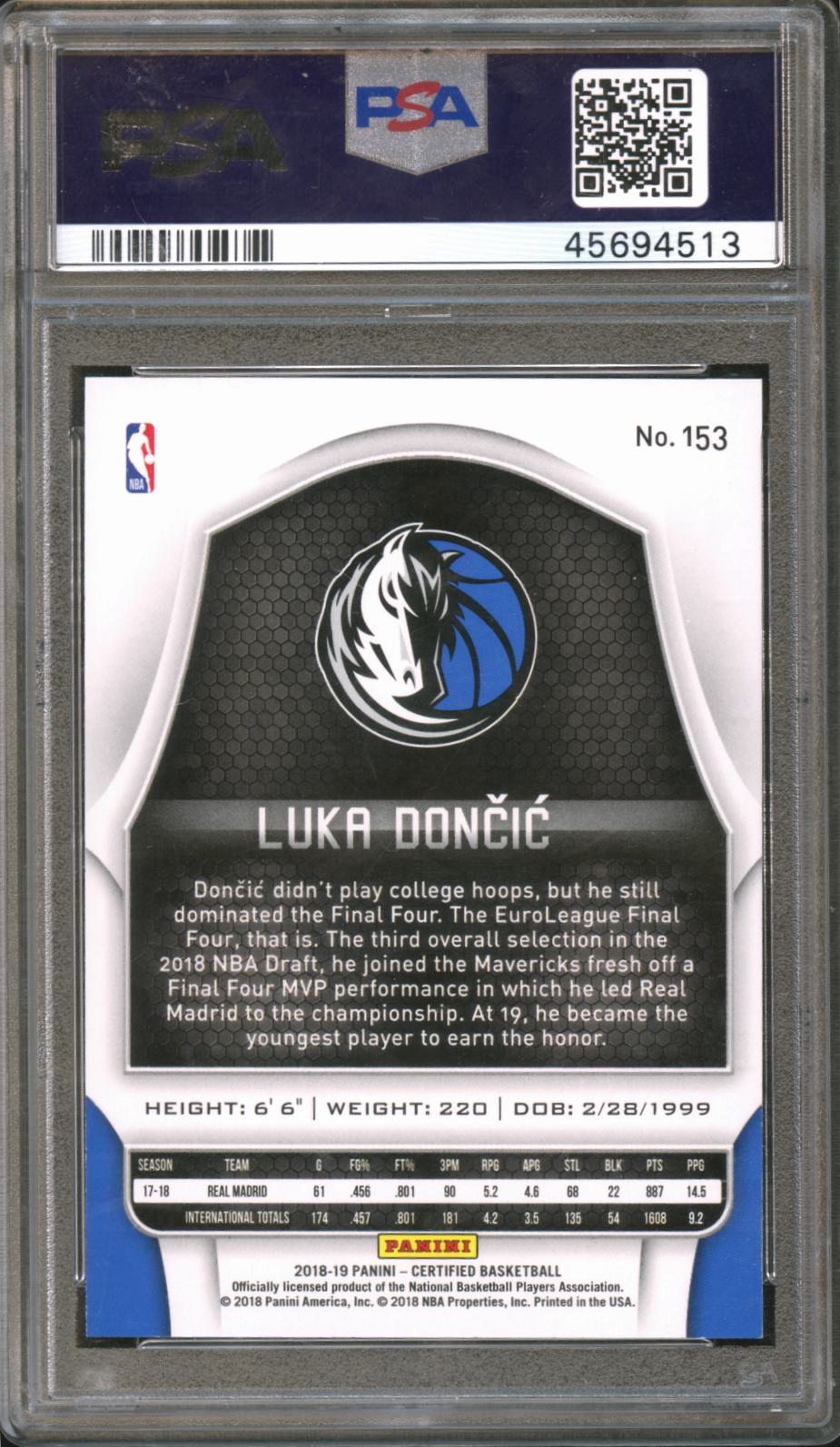 Luka Doncic 2018-19 Certified Mirror Blue Rookie RC Mavericks 101/199 PSA 10