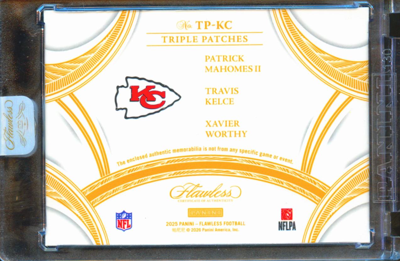 Patrick Mahomes / Xavier Worthy / Kelce 2025 Flawless Triple Patches 2/25 Chiefs