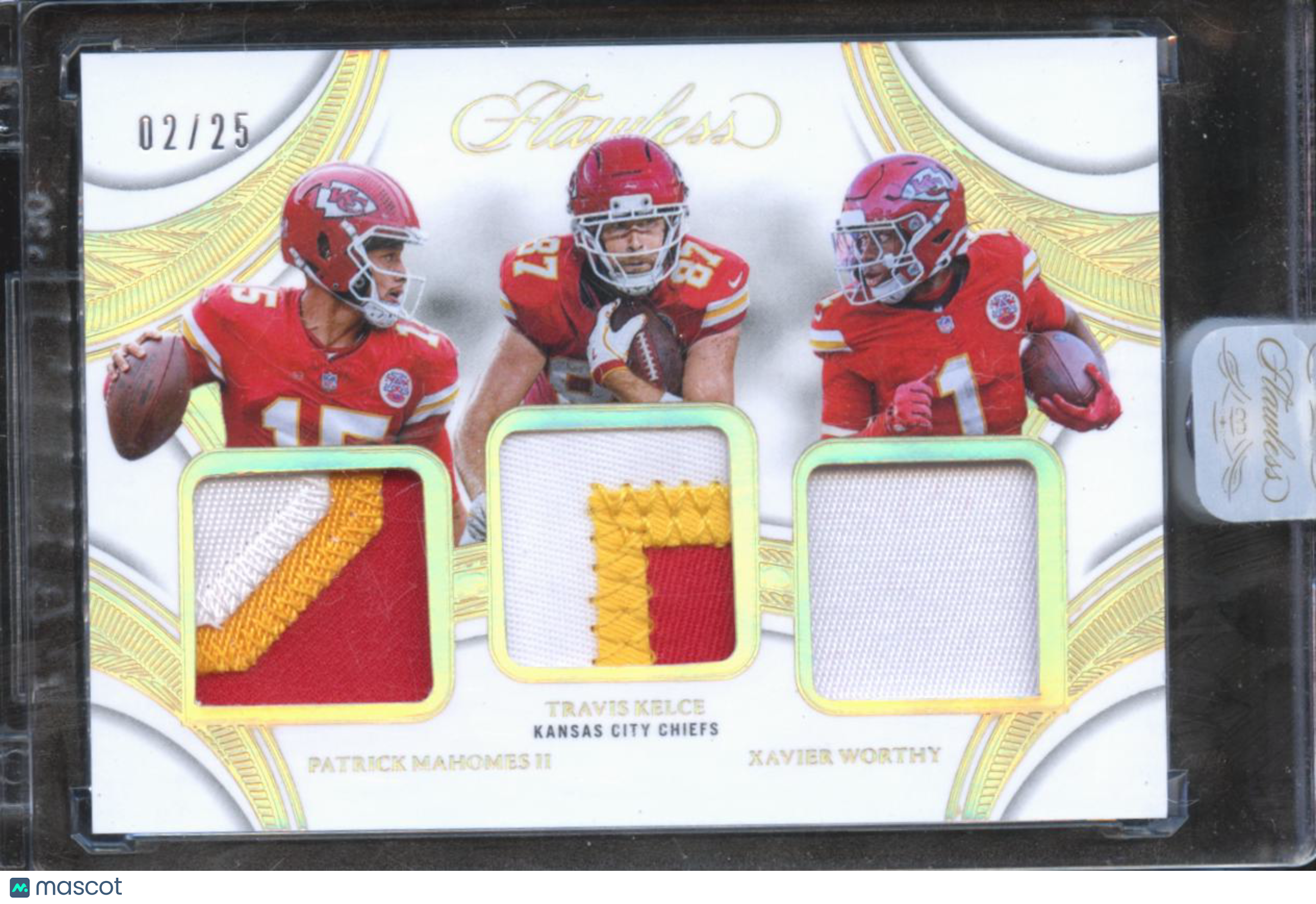Patrick Mahomes / Xavier Worthy / Kelce 2025 Flawless Triple Patches 2/25 Chiefs