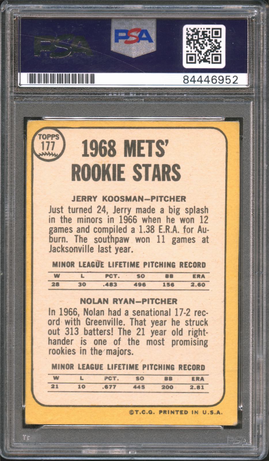 Nolan Ryan / Koosman 1968 Topps Inscription Auto Autograph RC Mets PSA 10 Auto