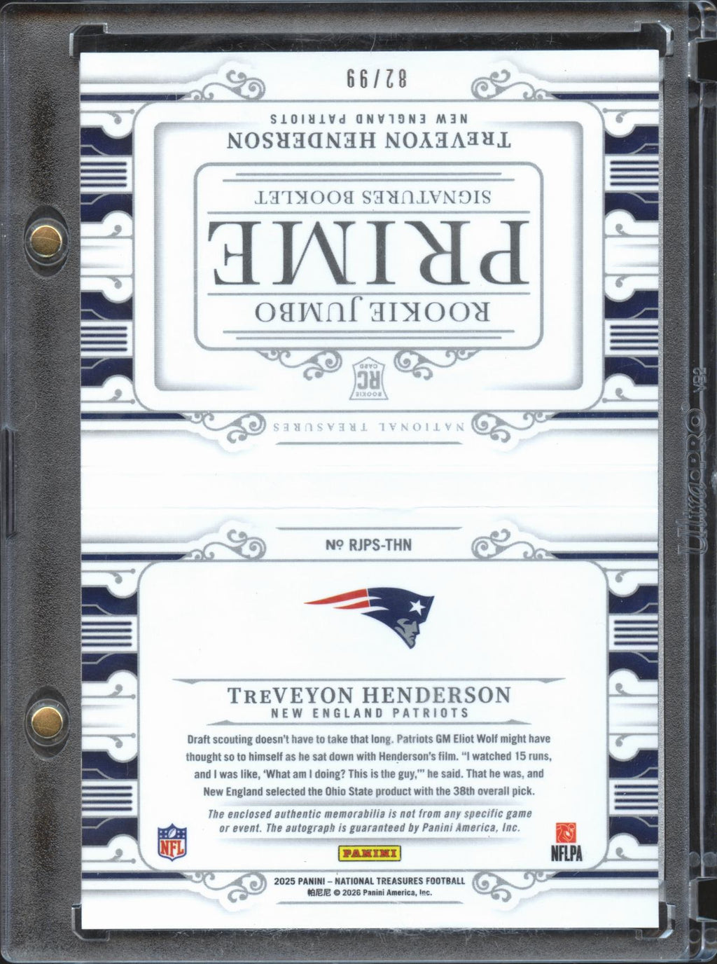 TreVeyon Henderson 2025 National Treasures Autograph Patch Booklet /99 Patriots