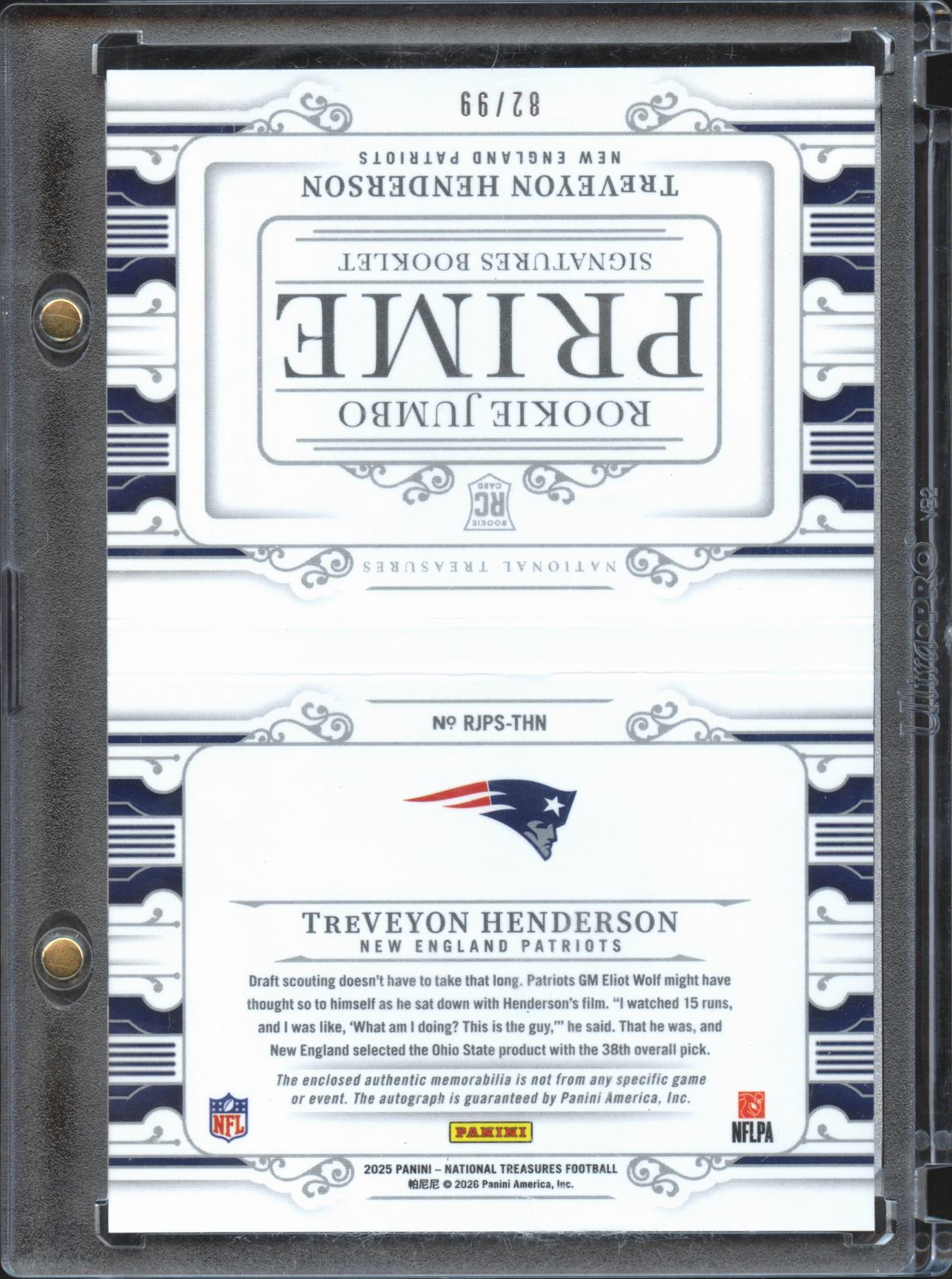 TreVeyon Henderson 2025 National Treasures Autograph Patch Booklet /99 Patriots