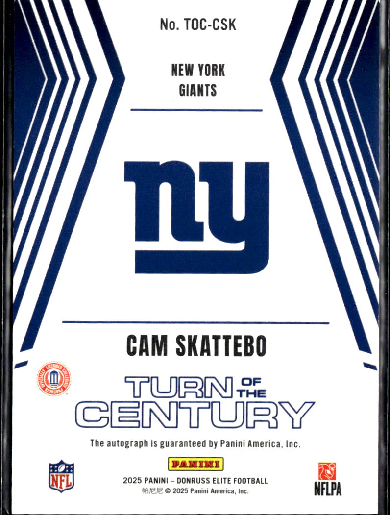 Cam Skattebo 2025 Elite Turn of the Century Auto Autograph RC 33/199 Giants