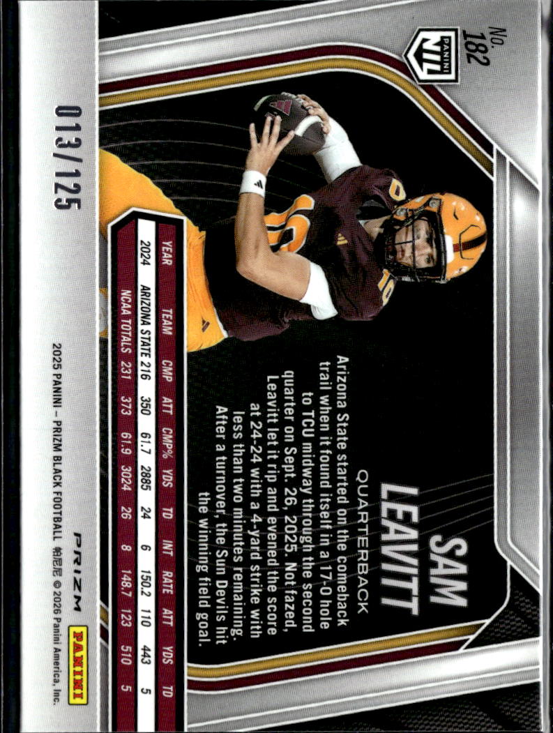 Sam Leavitt 2025 Prizm Black Blue Ice Prizm Rookie RC 13/125 Arizona State