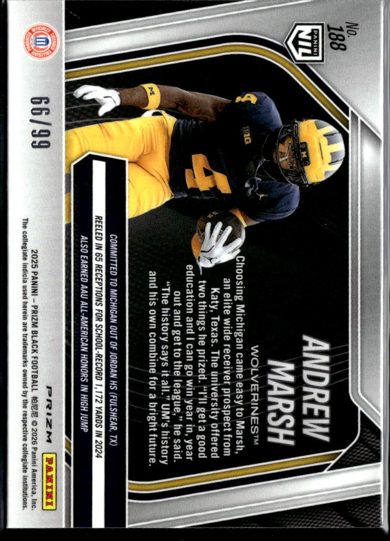 Andrew Marsh 2025 Prizm Black Purple Prizm RC Rookie 66/99 Michigan Wolverines
