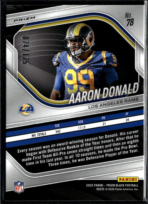 Aaron Donald 2025 Prizm Black White Prizm 74/175 Los Angeles Rams