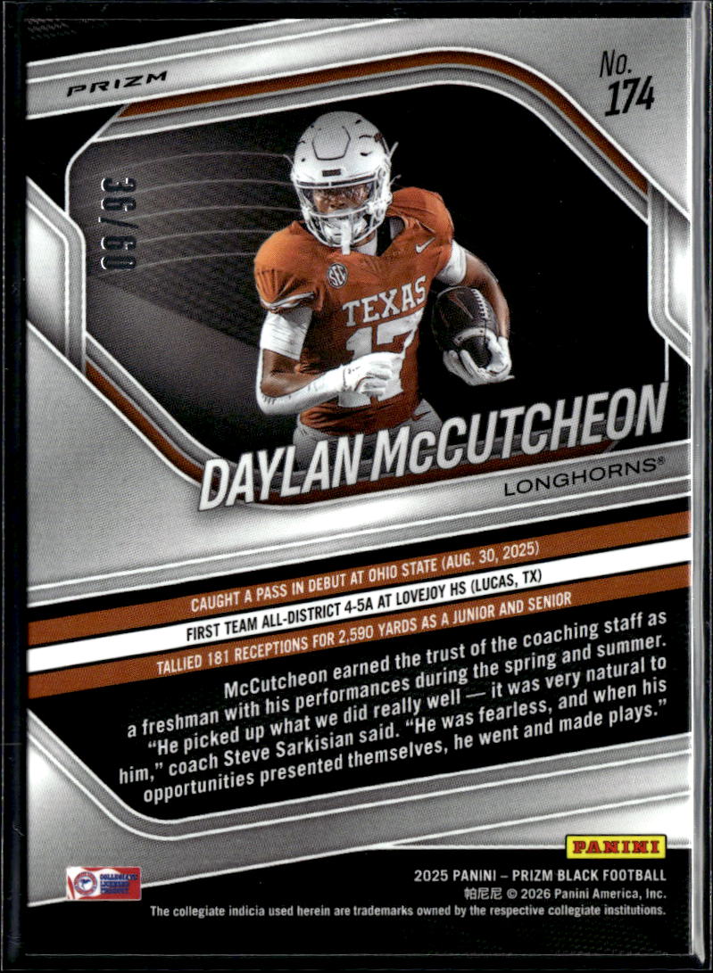 Daylan McCutcheon 2025 Prizm Black Orange Wave RC 36/60 Texas Longhorns