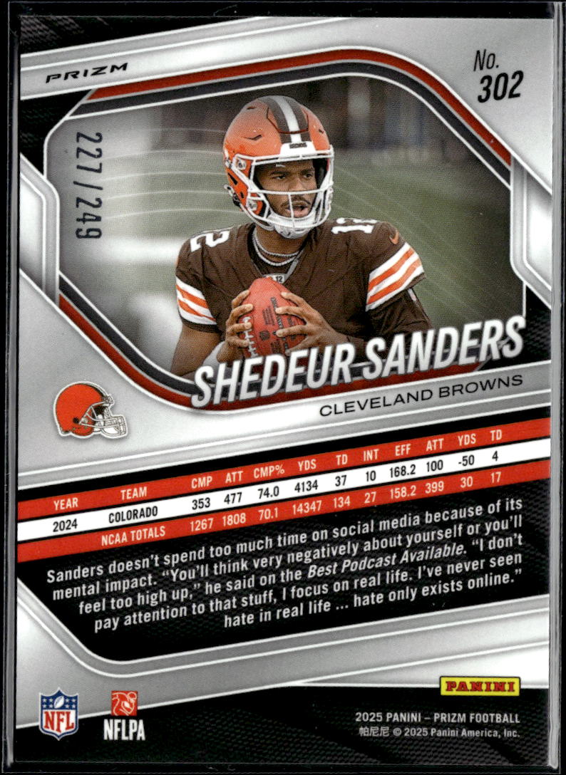 Shedeur Sanders 2025 Prizm Orange Prizm Rookie RC 227/249 Cleveland Browns
