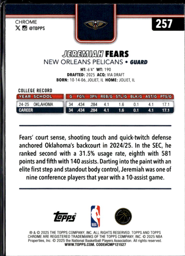 Jeremiah Fears 2025-26 Topps Chrome Blue Sapphire Rookie RC New Orleans Pelicans