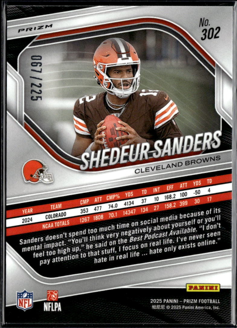 Shedeur Sanders 2025 Prizm Purple Ice Prizm RC 87/225 Cleveland Browns