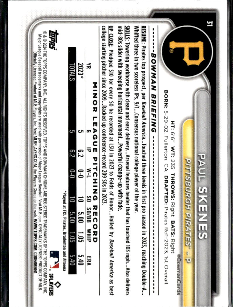 Paul Skenes 2024 Bowman Chrome Aqua Raywave Refractor Rookie RC 29/199 Pirates