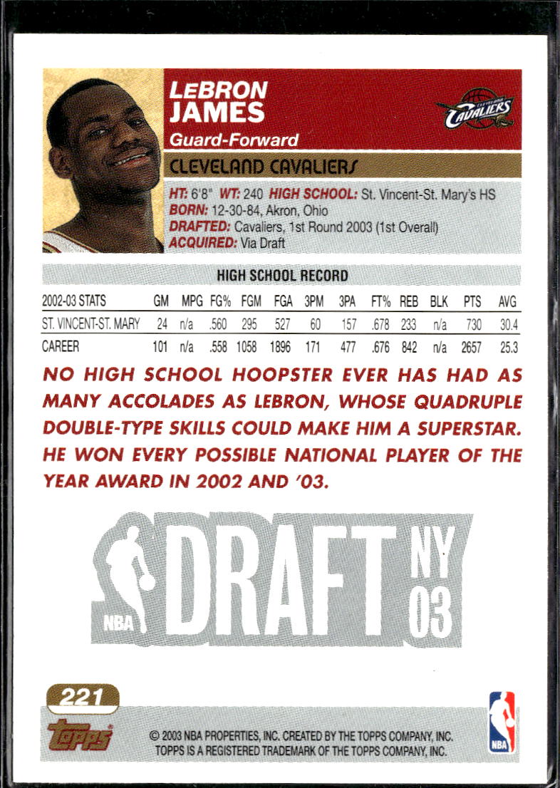 LeBron James 2003 Topps Rookie Card RC #221 Cleveland Cavaliers