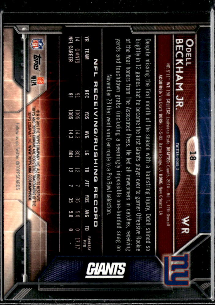 Odell Beckham Jr. 2015 Topps Chrome Mini Blue Refractor #18 New York Giants