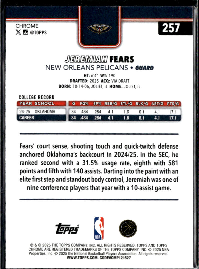 Jeremiah Fears 2025-26 Topps Chrome Blue Sapphire Rookie RC New Orleans Pelicans