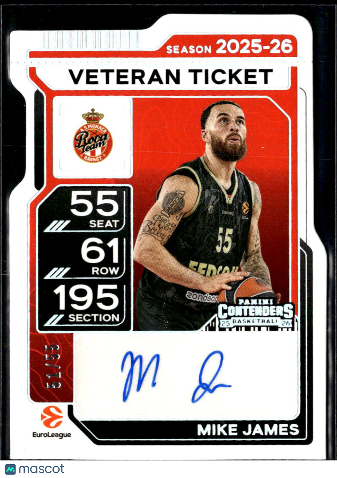 Mike James 2026 Contenders Ticket Stub Auto Autograph 51/55 AS Monaco