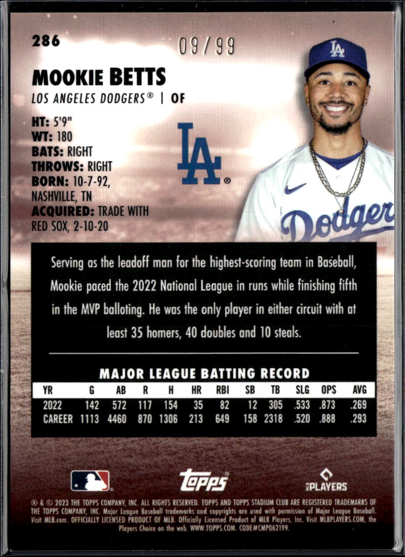 Mookie Betts 2023 Topps Stadium Club Chrome Orange Refractor 9/99 LA Dodgers