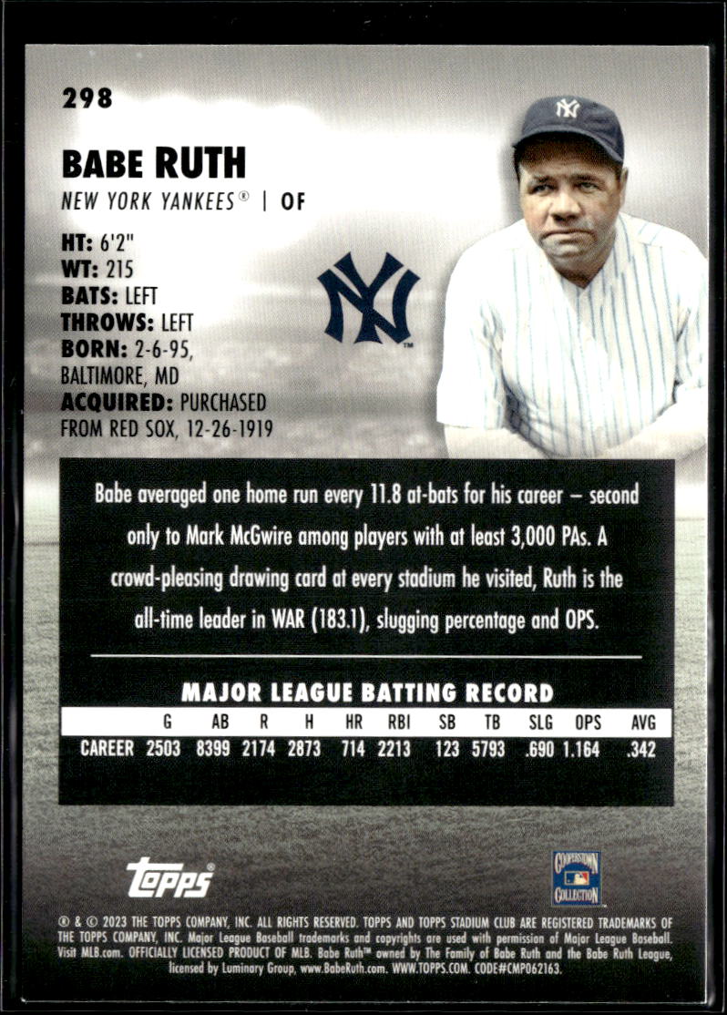 Babe Ruth 2023 Topps Stadium Club Sepia SSP #298 New York Yankees