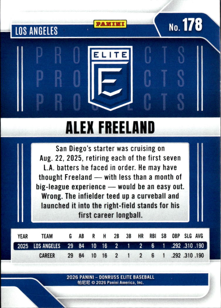 Alex Freeland 2026 Elite Black Rookie RC 21/25 Los Angeles Dodgers