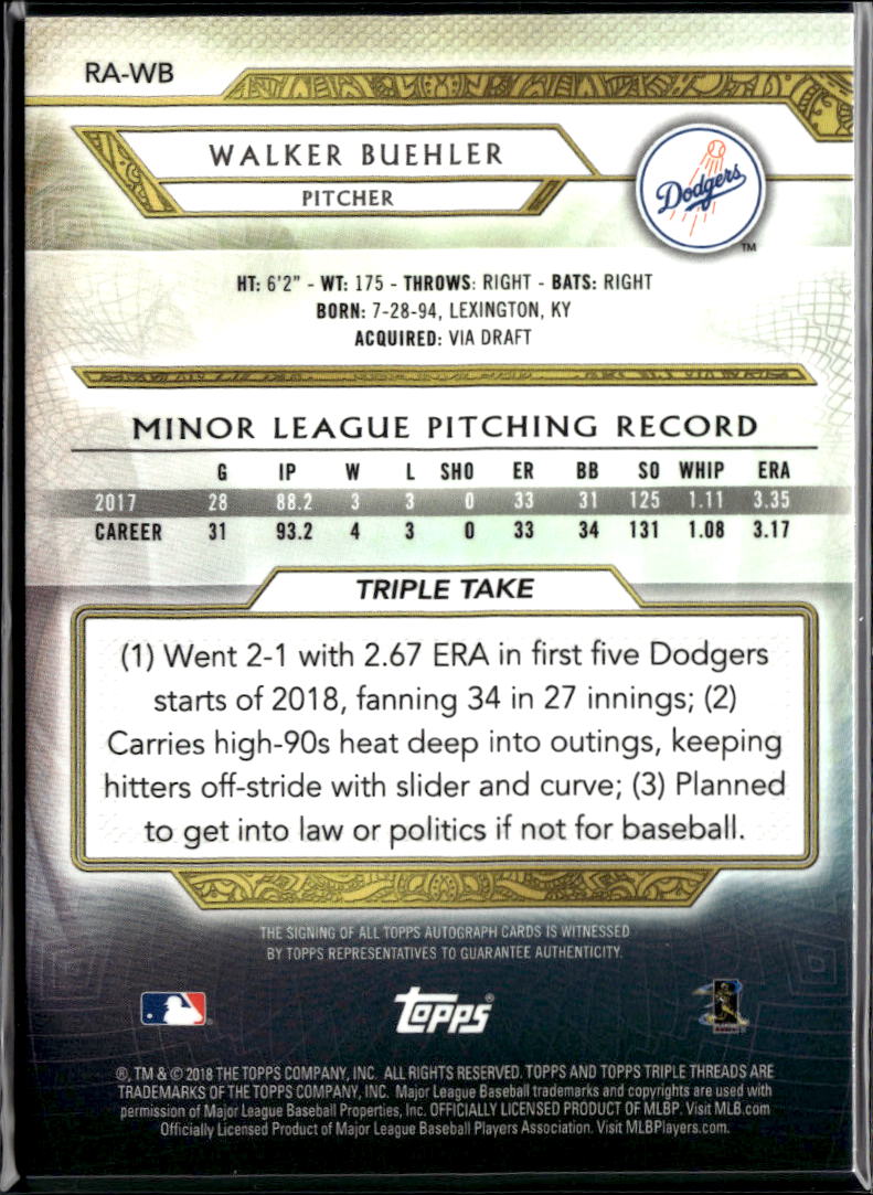 Walker Buehler 2018 Topps Triple Threads Auto Autograph RC Blue 4/10 LA Dodgers
