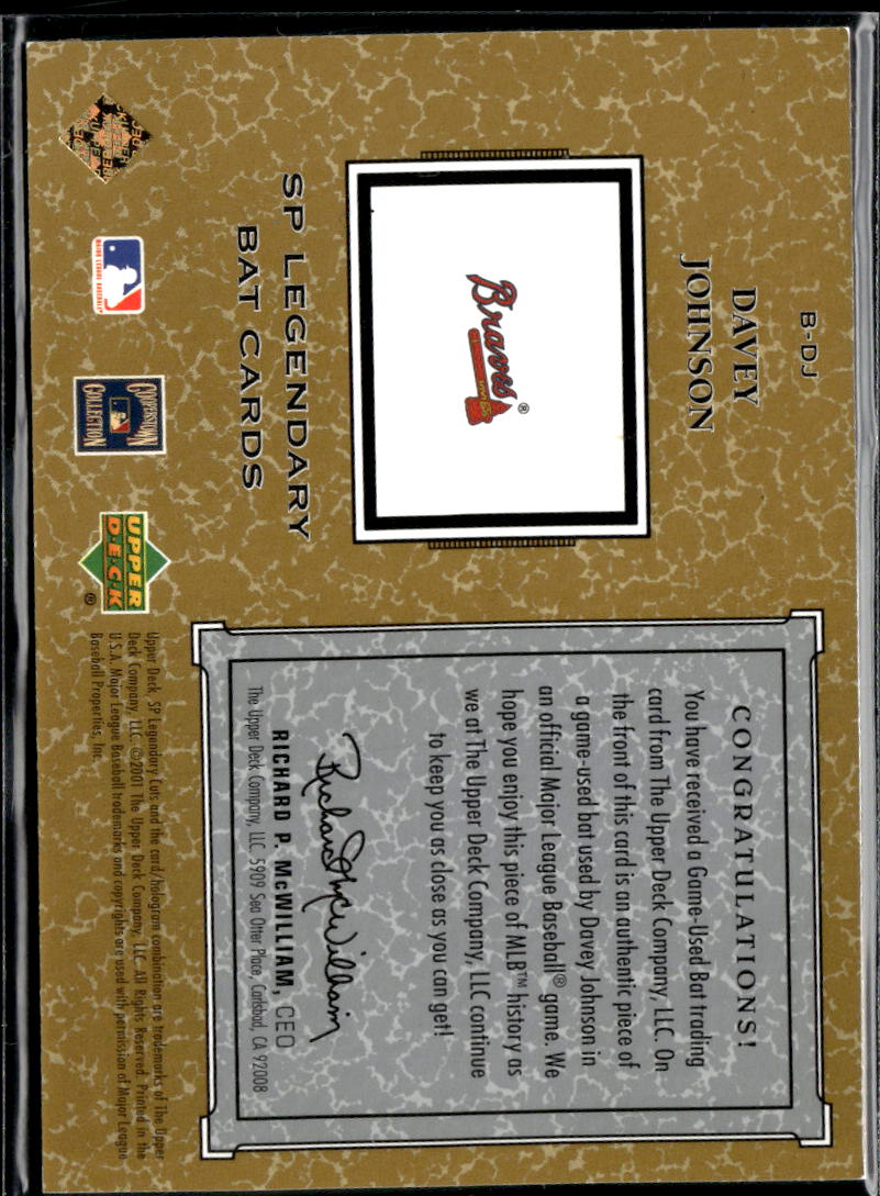 Davey Johnson 2001 Upper Deck SP Legendary Cuts Game Used Bat Atlanta Braves