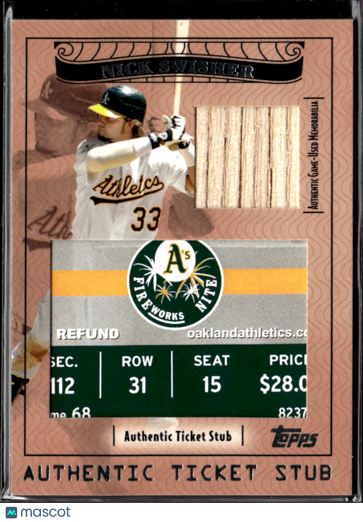 Nick Swisher 2009 Topps Stardom Authentic Ticket Stub Bat 197/224 Athletics