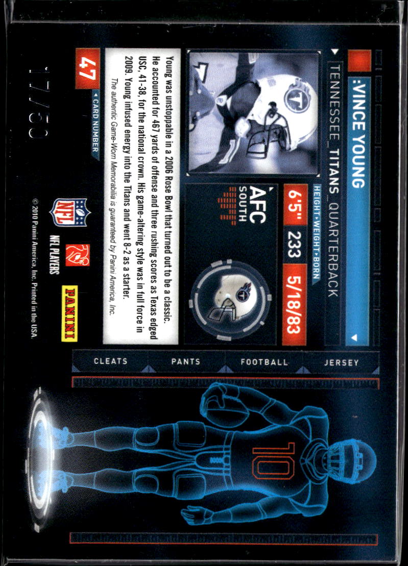 Vince Young 2010 Absolute Game Worn Jersey Patch Texas Longhorns 17/50