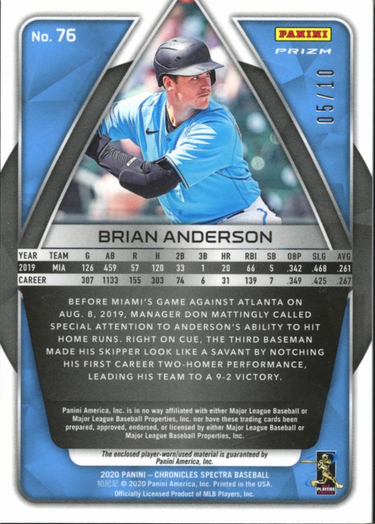Brian Anderson 2020 Spectra GOLD Jersey Patch 5/10 Miami Marlins