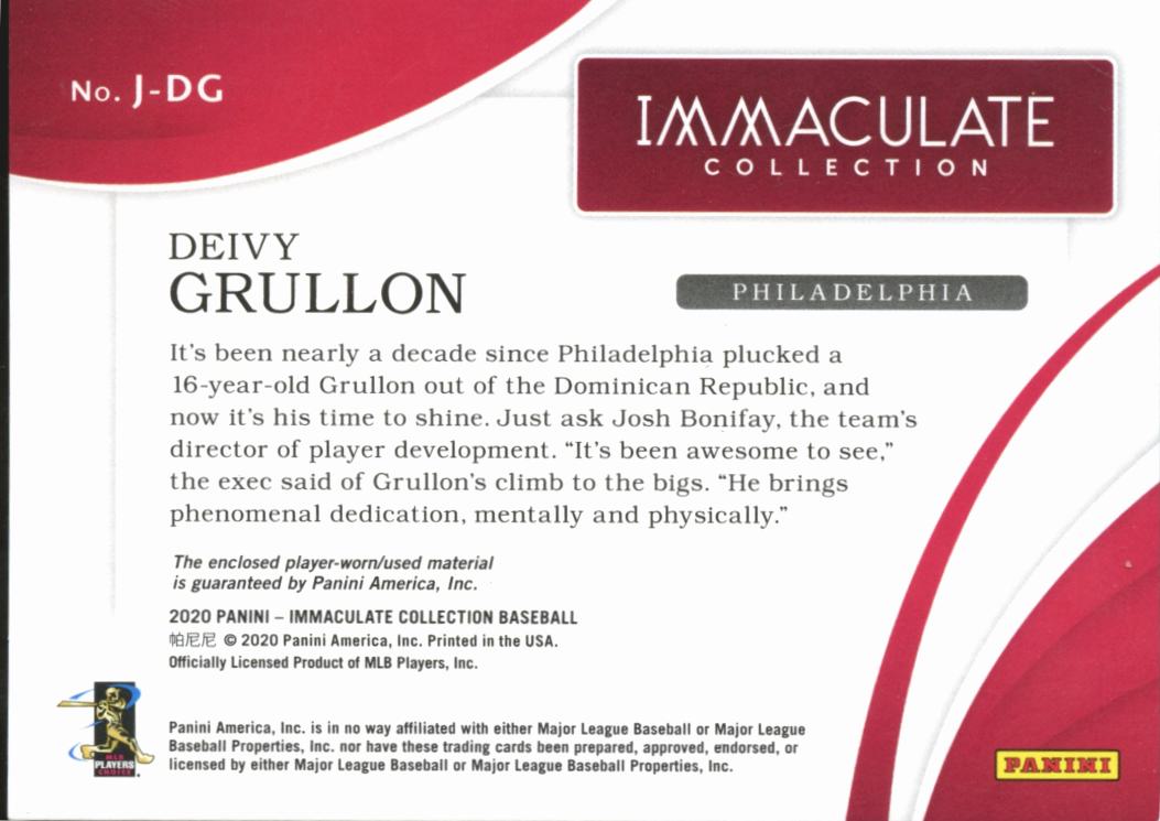 Deivy Grullon 2020 Immaculate Jackets Patch SSP 2/6 Philadelphia Phillies