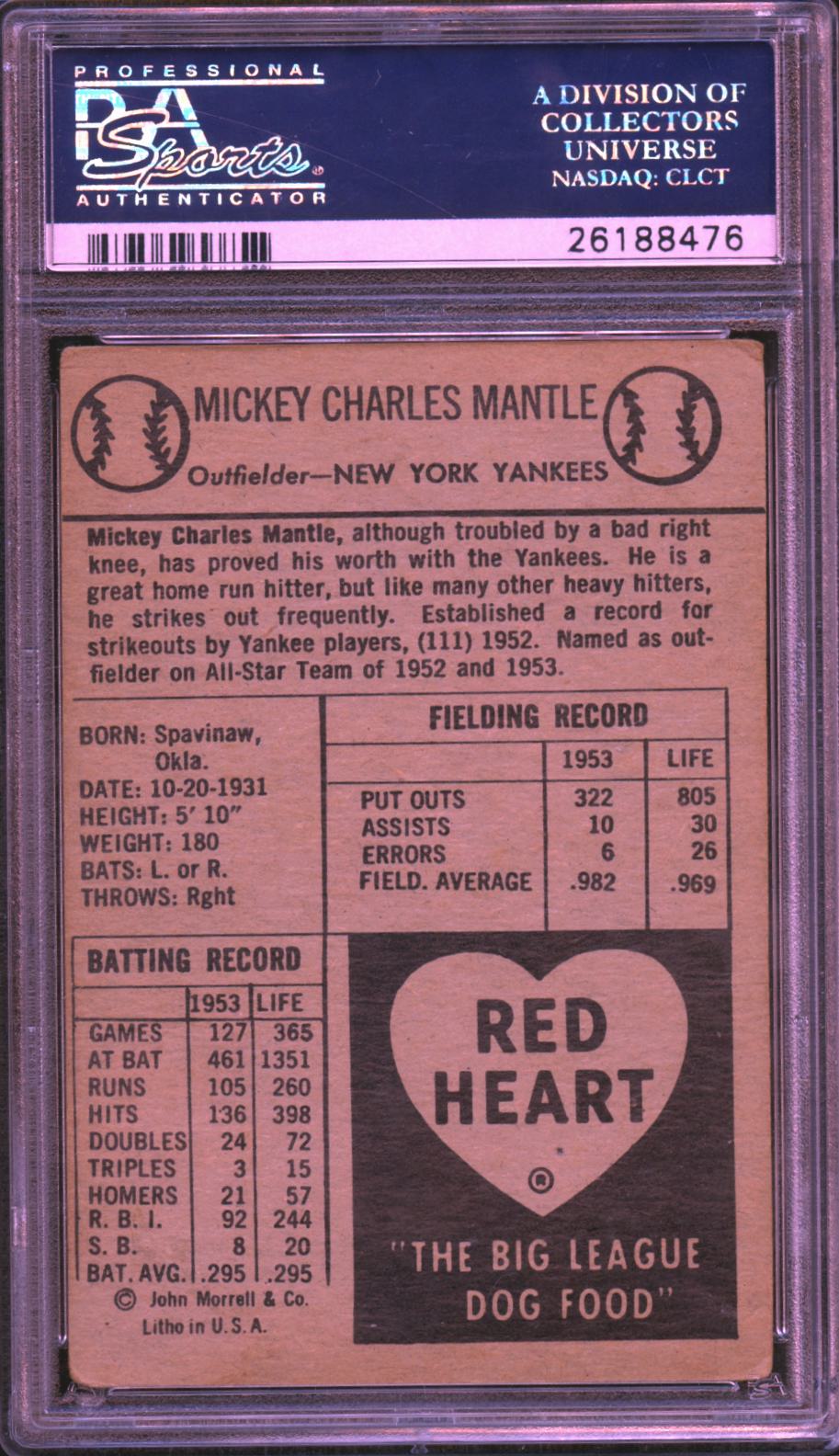 Mickey Mantle 1954 Red Heart Dog Food Card New York Yankees PSA 2.5