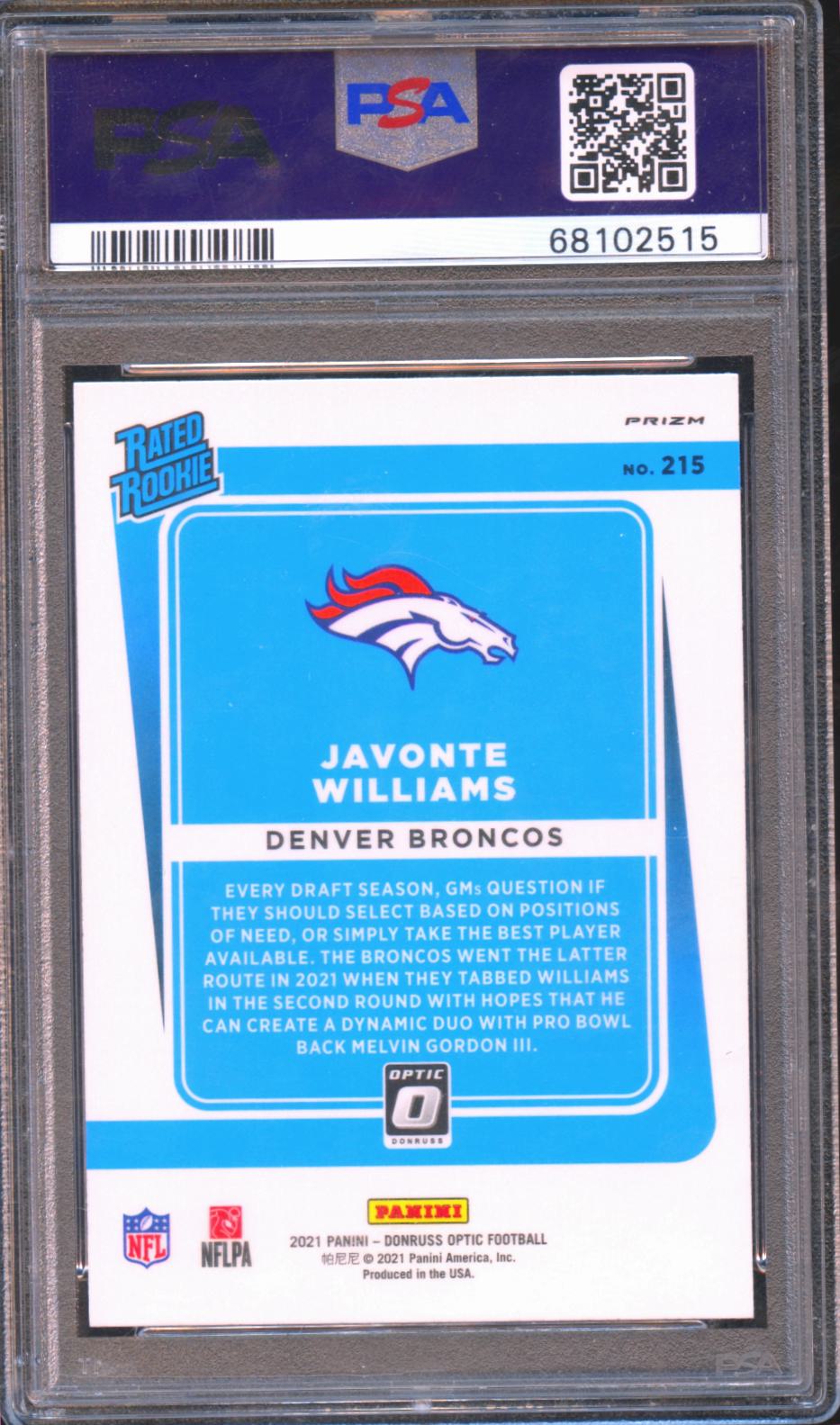 Javonte Williams 2021 Optic Rated Rookie RC Red Mojo Broncos #215 PSA 10