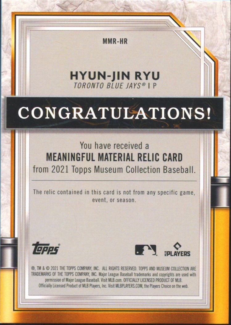 Hyun-Jin Ryu 2021 Topps Museum Collection Game Worn Patch 9/25 Toronto Blue Jays