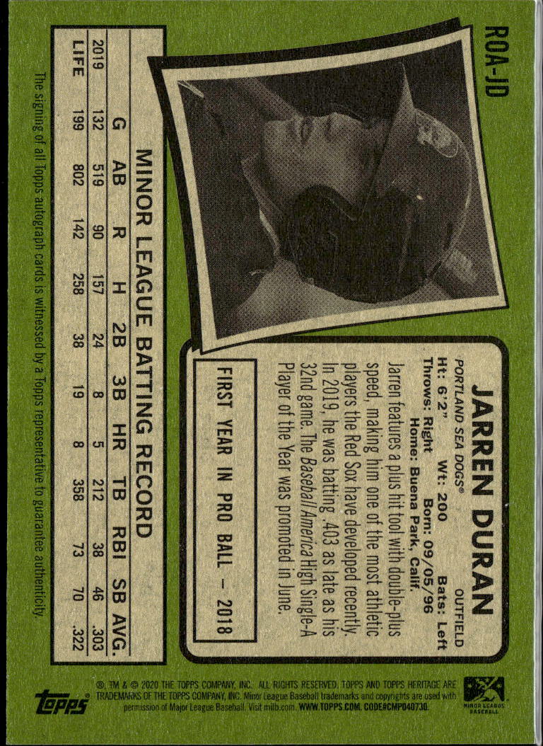 Jarren Duran 2020 Topps Heritage Minors Auto Autograph RC Red Sox Sea Dogs