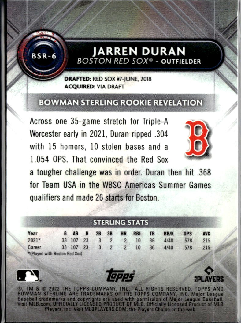 Jarren Duran 2022 Bowman Sterling RC Speckle Refractor 9/99 Boston Red Sox