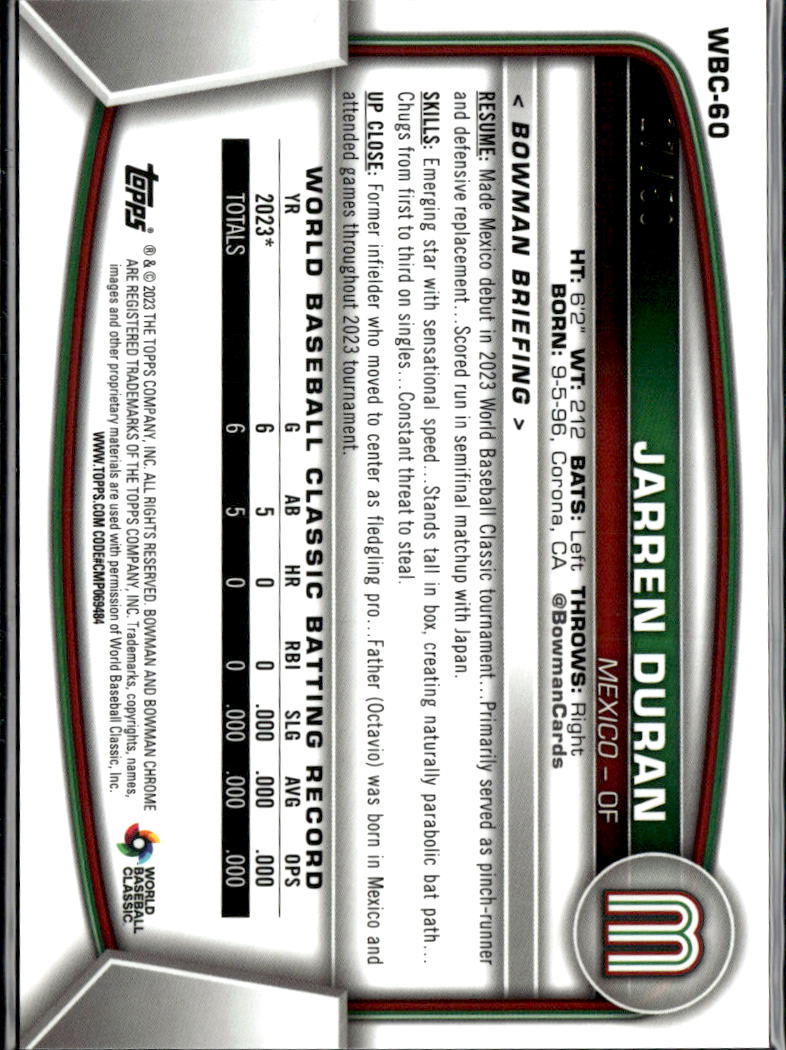 Jarren Duran 2023 Bowman Chrome World Baseball Classic Gold Refractor Mexico