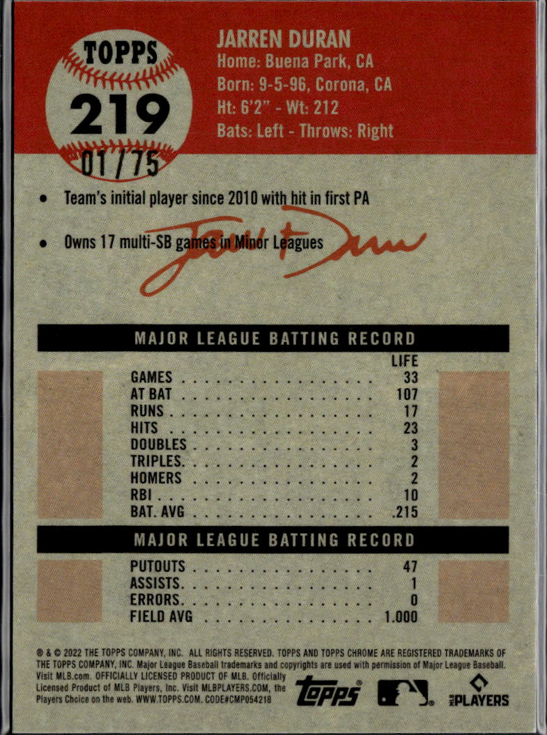 Jarren Duran 2022 Topps Chrome Platinum Rose Gold RC 1/75 Boston Red Sox