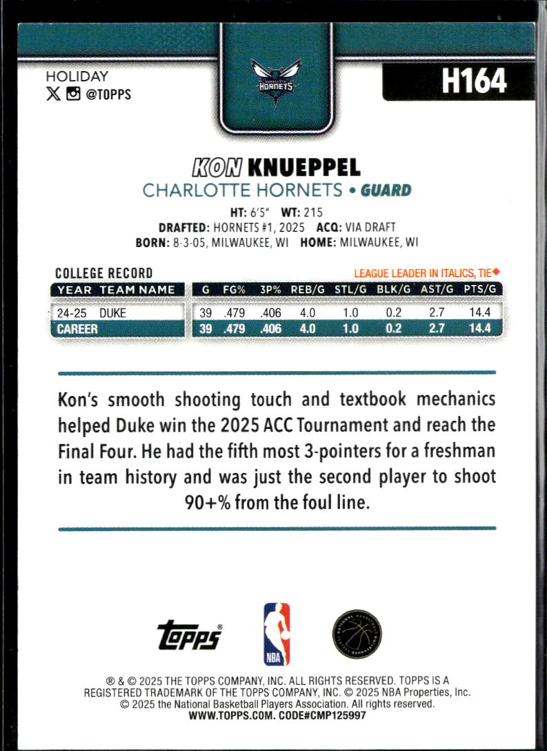 Kon Knueppel 2025 Topps Holiday Purple Rookie RC 16/99 Charlotte Hornets