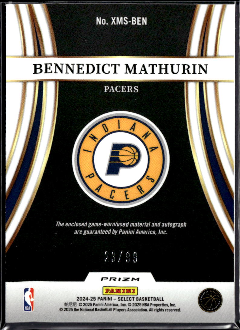 Bennedict Mathurin 2024-25 Select Auto Autograph Patch 23/99 Indiana Pacers
