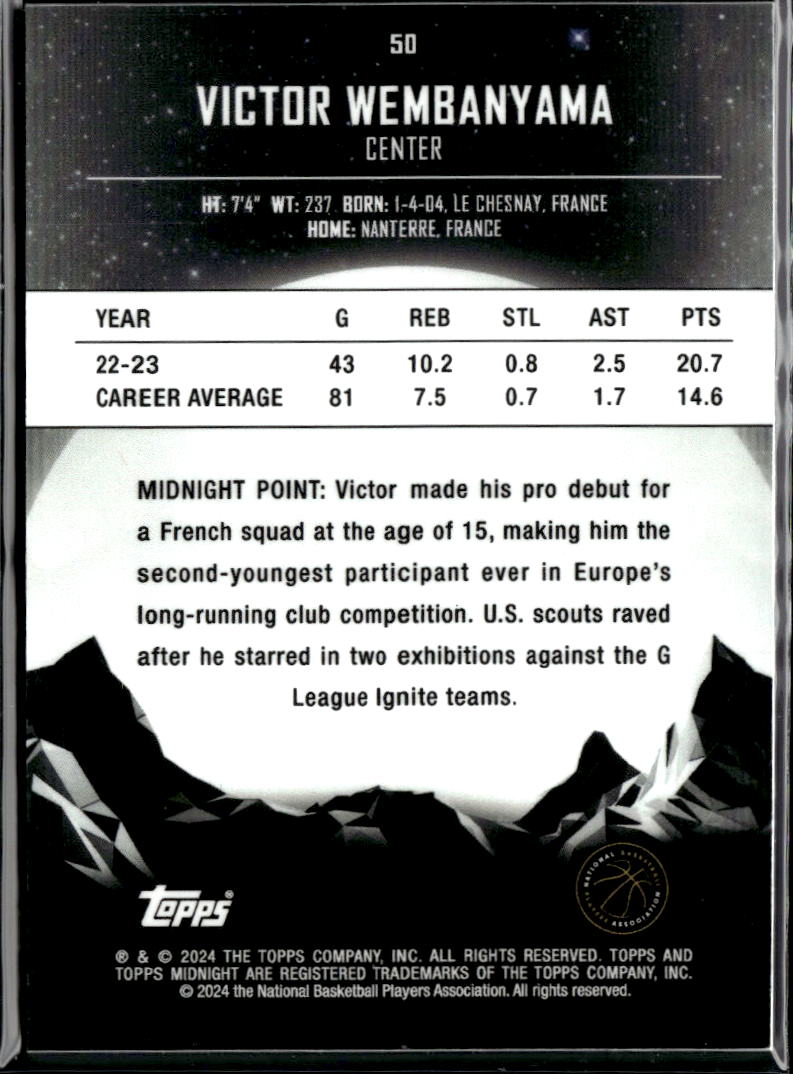 Victor Wembanyama 2024 Topps Midnight RC Rookie #50 San Antonio Spurs