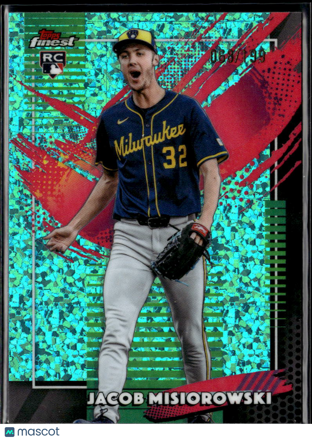 Jacob Misiorowski 2025 Topps Finest RC Aqua Refractor 68/199 Milwaukee Brewers