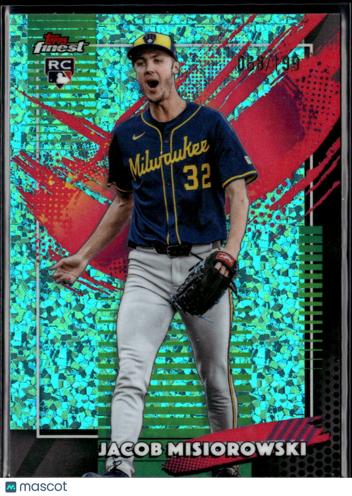Jacob Misiorowski 2025 Topps Finest RC Aqua Refractor 68/199 Milwaukee Brewers