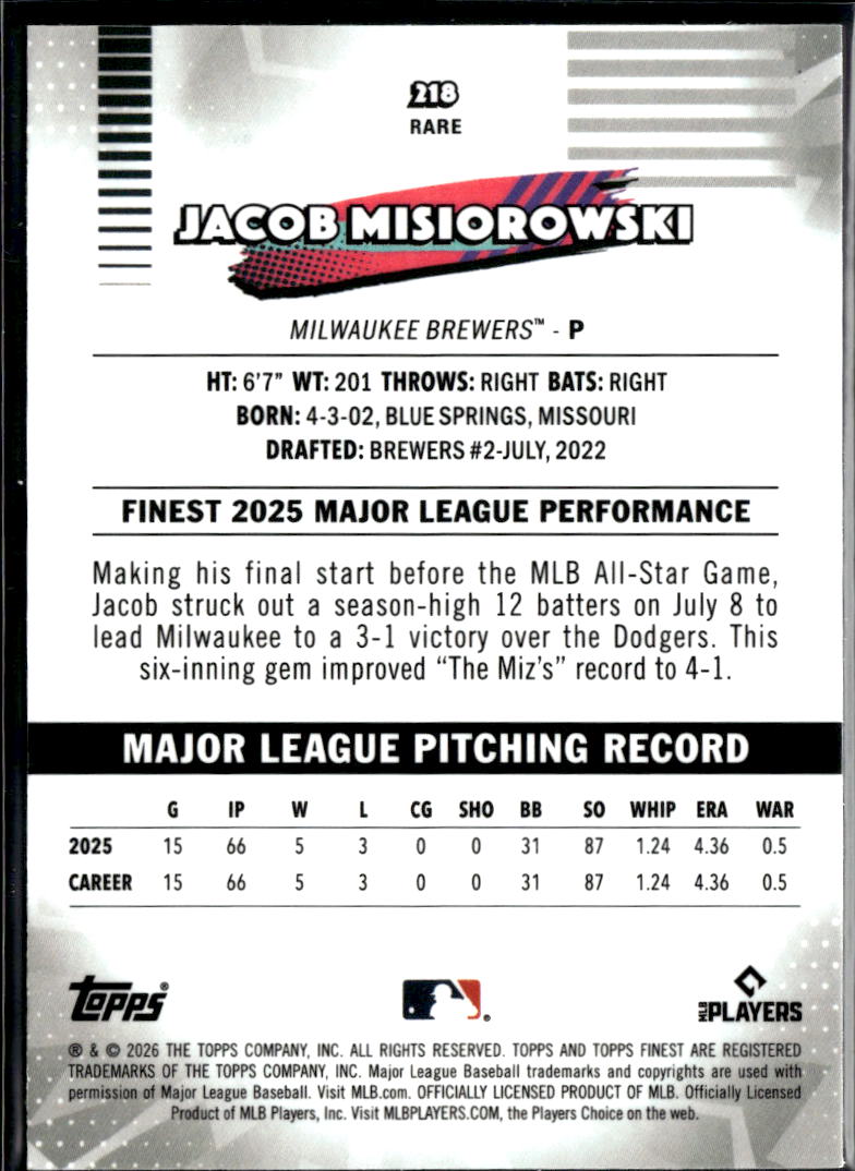 Jacob Misiorowski 2025 Topps Finest RC Aqua Refractor 68/199 Milwaukee Brewers