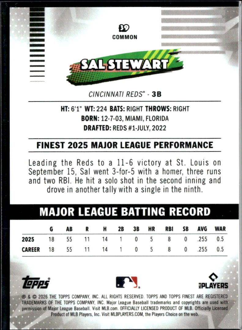 Sal Stewart 2026 Topps Finest White Refractor Rookie RC 23/30 Cincinnati Reds