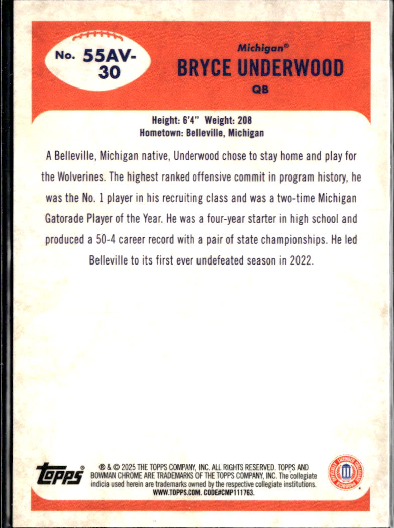 Bryce Underwood 2025  Bowman Chrome '55 Green 43/99 Michigan Wolverines