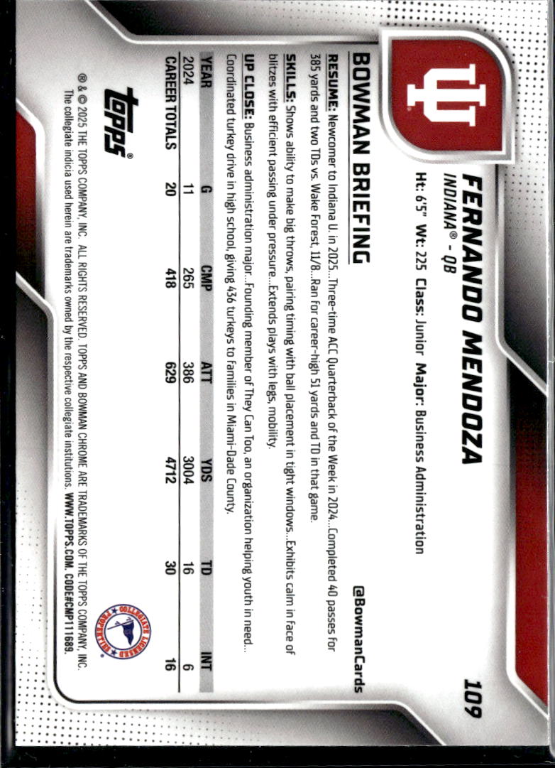 Fernando Mendoza 2025 Bowman Chrome 1st Bowman Pink Refractor Indiana Hoosiers