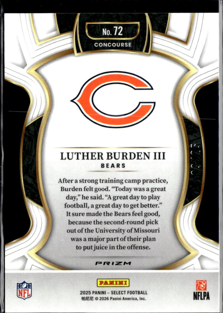 Luther Burden III 2025 Select Blue Disco Prizm RC Rookie 9/25 Chicago Bears