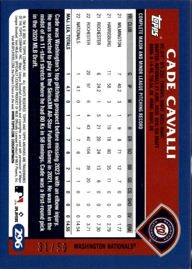 Cade Cavalli 2023 Topps Archives Red Hot Rookie RC 31/50 Washington Nationals