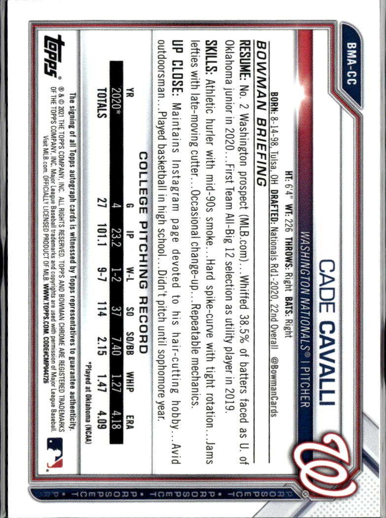 Cade Cavalli 2021 Bowman Chrome Auto Autograph Orange 22/25 Washington Nationals
